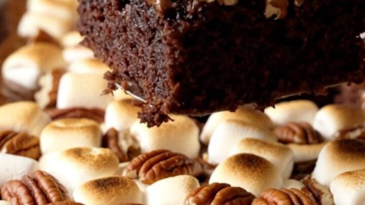 A rectangular ceramic dish filled with freshly baked Mississippi Mud Brownies topped with toasted marshmallows and pecans.