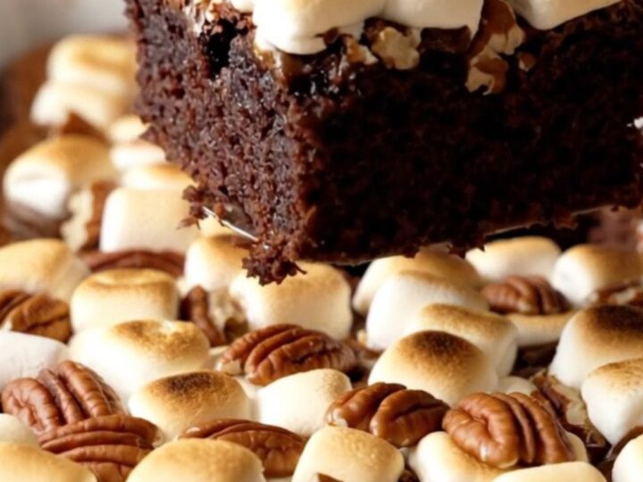 A rectangular ceramic dish filled with freshly baked Mississippi Mud Brownies topped with toasted marshmallows and pecans.