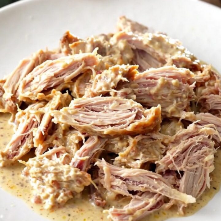 A close-up of shredded turkey tenderloins coated in a rich, creamy Italian sauce on a white plate.
