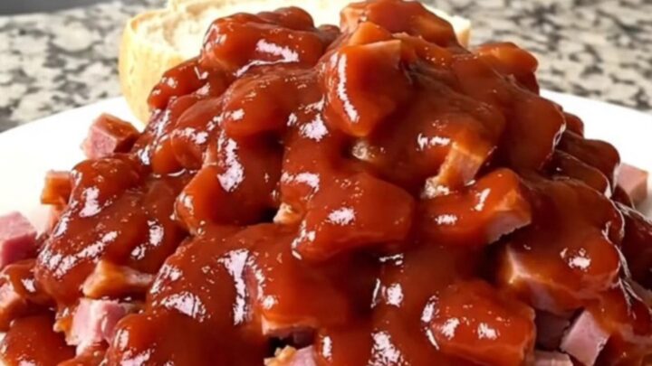 A close-up of a pile of tender chipped ham coated in a rich, tangy red barbecue sauce in a slow cooker.