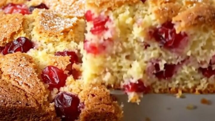 A square of golden cranberry Christmas cake with a visible sugar crust and whole red cranberries inside.