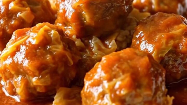 A white ceramic slow cooker filled with turkey meatballs, chopped green cabbage, and a rich red tomato sauce.