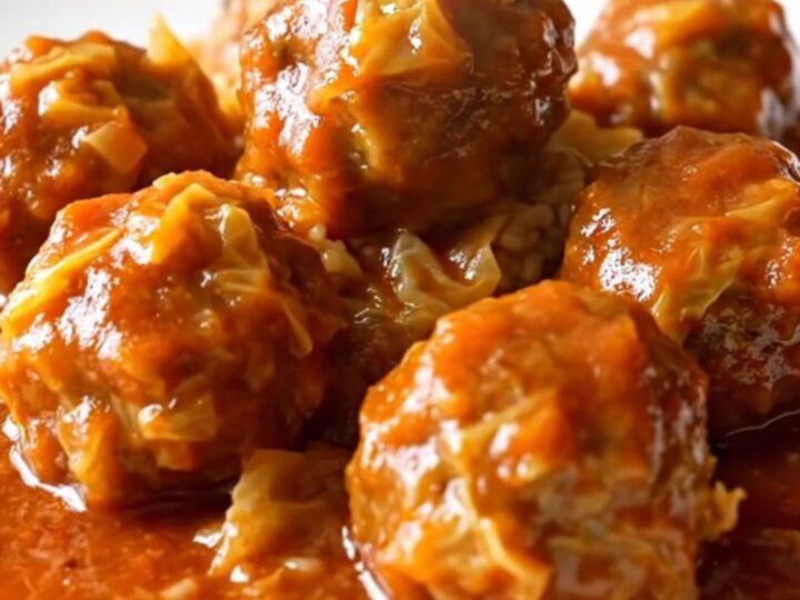 A white ceramic slow cooker filled with turkey meatballs, chopped green cabbage, and a rich red tomato sauce.