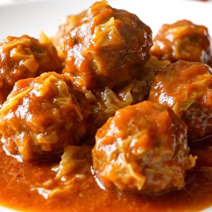 A white ceramic slow cooker filled with turkey meatballs, chopped green cabbage, and a rich red tomato sauce.