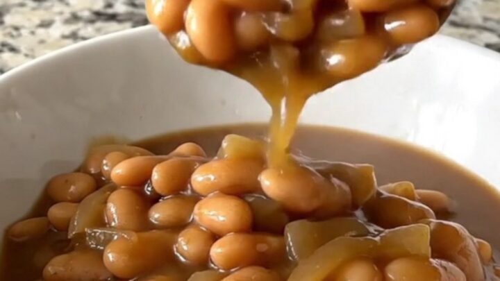 A close-up of a bowl filled with white beans in a thick, dark brown onion gravy, steam rising from the surface.