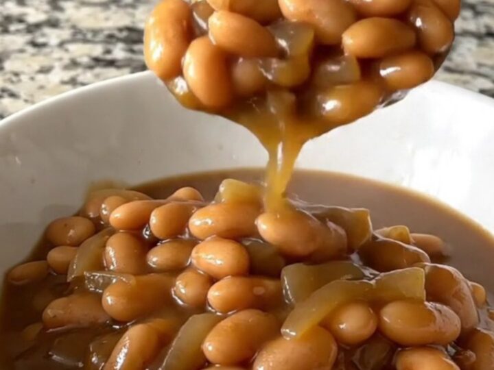 A close-up of a bowl filled with white beans in a thick, dark brown onion gravy, steam rising from the surface.