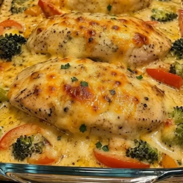 A glass casserole dish filled with baked chicken, broccoli, and peppers covered in a golden, melted cheese sauce.