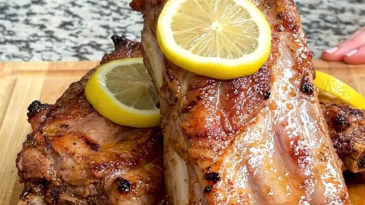 Close-up of tender lemon pepper butter spareribs on a wooden board with visible lemon slices and juices.