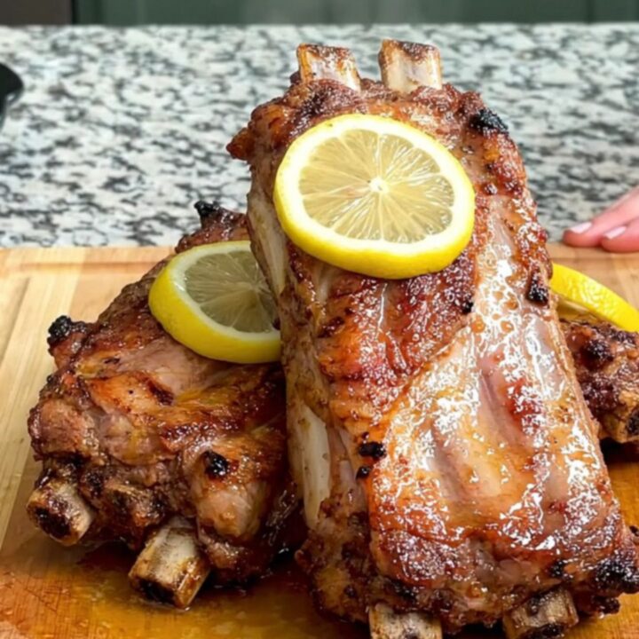 Close-up of tender lemon pepper butter spareribs on a wooden board with visible lemon slices and juices.