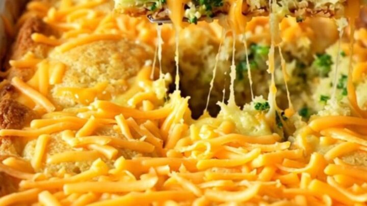 A golden-brown broccoli cheddar cornbread bake in an enameled rectangular dish on a beige countertop.