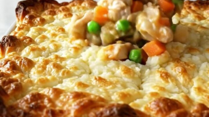 A golden-brown chicken shepherd's pie in a white ceramic dish, showing bubbling gravy and a textured potato topping.