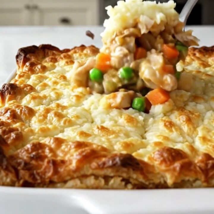 A golden-brown chicken shepherd's pie in a white ceramic dish, showing bubbling gravy and a textured potato topping.