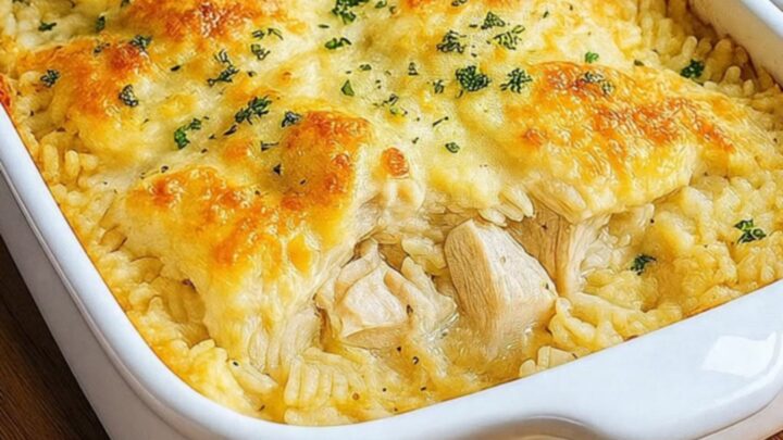 A golden-brown chicken and rice casserole in a white baking dish on a wooden counter.