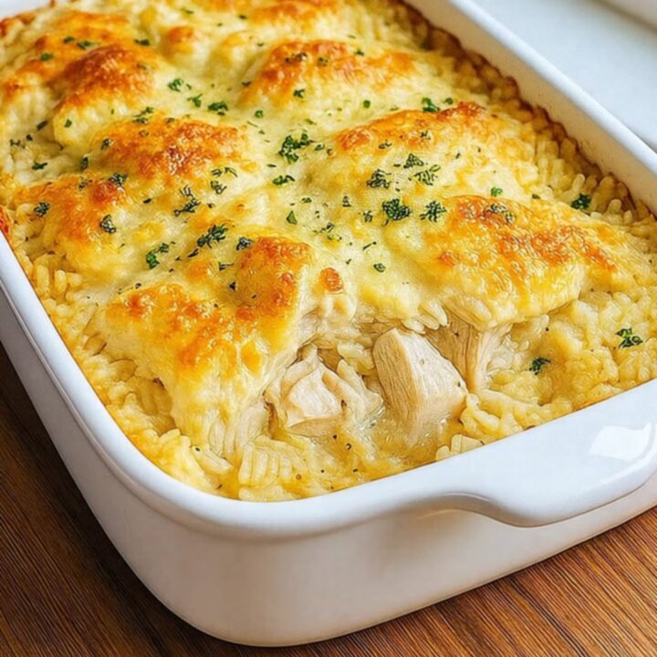 A golden-brown chicken and rice casserole in a white baking dish on a wooden counter.