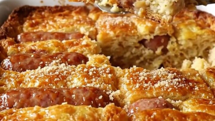 A golden-brown maple sausage French toast bake in a rectangular ceramic dish.