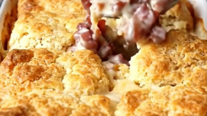 A golden-brown creamed chipped beef biscuit bake in a rectangular white enameled dish.