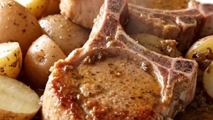 A close-up of tender bone-in pork chops and halved red potatoes in a savory broth inside a slow cooker.