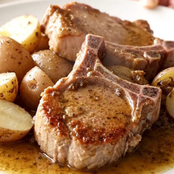 A close-up of tender bone-in pork chops and halved red potatoes in a savory broth inside a slow cooker.