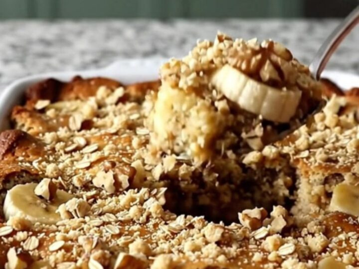 A golden brown banana bread cobbler in a ceramic dish, topped with a crunchy layer of oats and walnuts.
