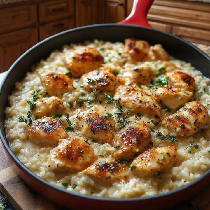 A red skillet filled with creamy parmesan rice and seared chicken pieces, garnished with fresh thyme sprigs.