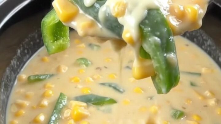 A bowl of creamy poblano chile relleno soup with visible poblano strips and corn kernels.
