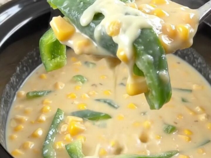 A bowl of creamy poblano chile relleno soup with visible poblano strips and corn kernels.