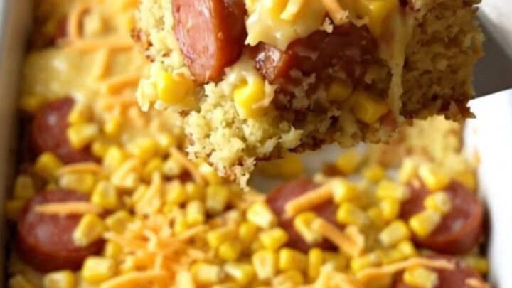 A golden, freshly baked cornbread casserole with bubbling melted cheddar cheese and visible slices of smoked sausage.