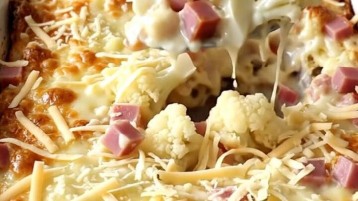 A top-down view of a rectangular white baker filled with cauliflower and ham in a creamy sauce, topped with Swiss cheese.