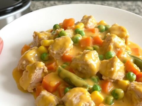 A top-down view of a black slow cooker filled with chicken, mixed vegetables, and a creamy cheddar sauce.