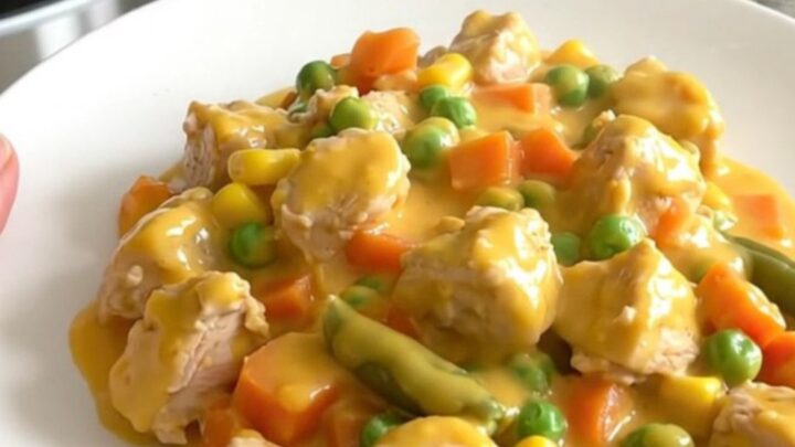A top-down view of a black slow cooker filled with chicken, mixed vegetables, and a creamy cheddar sauce.