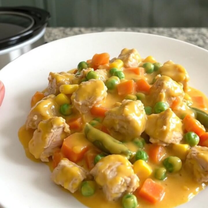 A top-down view of a black slow cooker filled with chicken, mixed vegetables, and a creamy cheddar sauce.