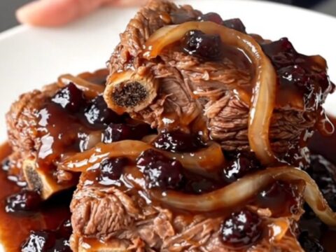 A close-up of tender, slow-cooked bone-in short ribs covered in a glossy, dark purple grape jelly chili sauce.