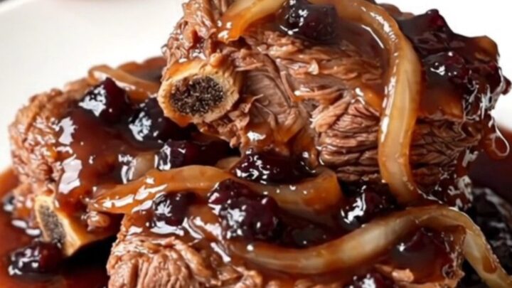 A close-up of tender, slow-cooked bone-in short ribs covered in a glossy, dark purple grape jelly chili sauce.