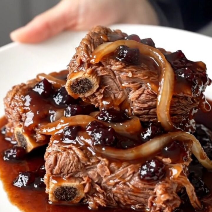 A close-up of tender, slow-cooked bone-in short ribs covered in a glossy, dark purple grape jelly chili sauce.