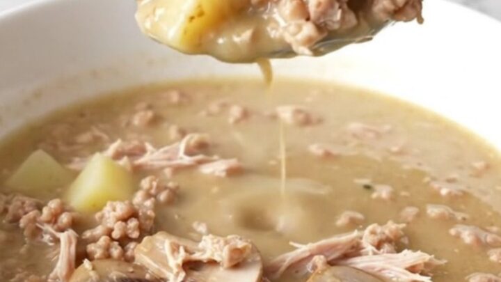 A steaming bowl of creamy mushroom Swiss burger soup with visible chunks of ground turkey, sliced mushrooms