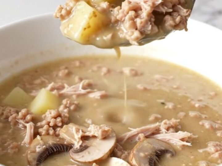 A steaming bowl of creamy mushroom Swiss burger soup with visible chunks of ground turkey, sliced mushrooms