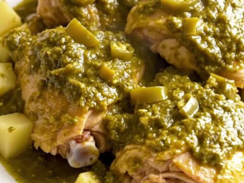 A top-down view of boneless skinless chicken thighs and gold potato cubes in a black slow cooker insert.
