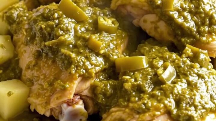 A top-down view of boneless skinless chicken thighs and gold potato cubes in a black slow cooker insert.