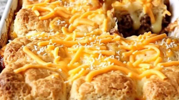 A golden-brown BBQ Bacon Burger Biscuit Bake in a white ceramic dish, featuring melted cheese and biscuits.