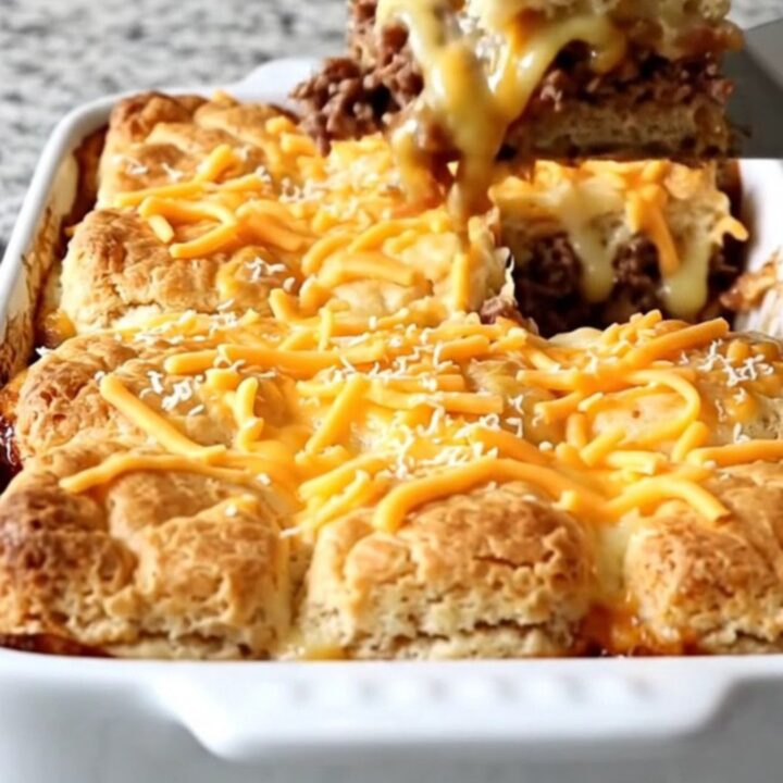 A golden-brown BBQ Bacon Burger Biscuit Bake in a white ceramic dish, featuring melted cheese and biscuits.