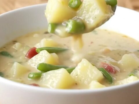 A creamy potato and green bean chowder in a white slow cooker insert on a light butcher-block counter.