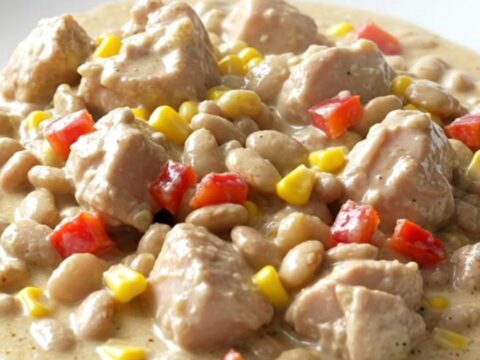 A top-down view of creamy chicken and succotash in a slow cooker.