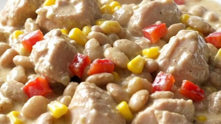 A top-down view of creamy chicken and succotash in a slow cooker.