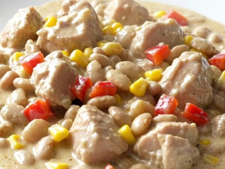 A top-down view of creamy chicken and succotash in a slow cooker.
