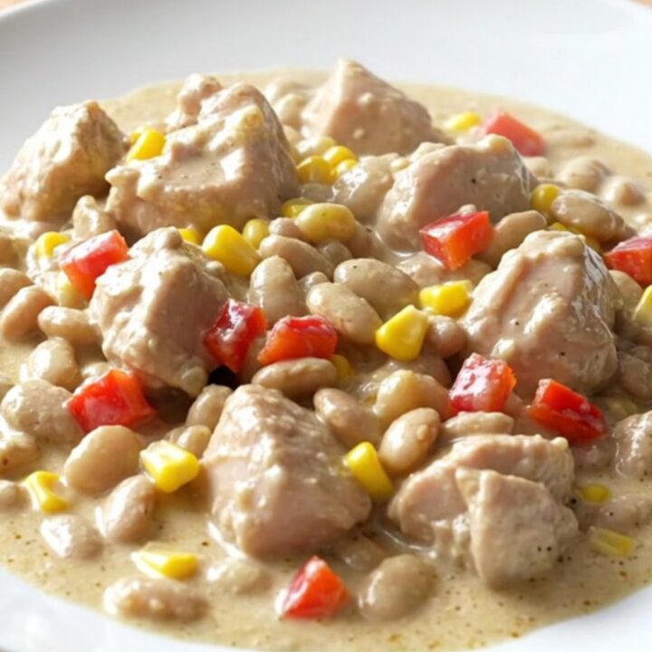 A top-down view of creamy chicken and succotash in a slow cooker.
