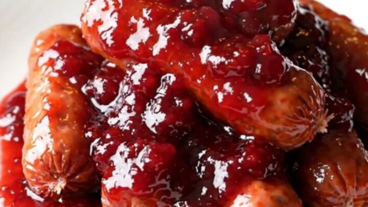 A close-up of slow cooker raspberry chipotle cocktail sausages in a ceramic insert, glistening with a dark red, thick sauce.