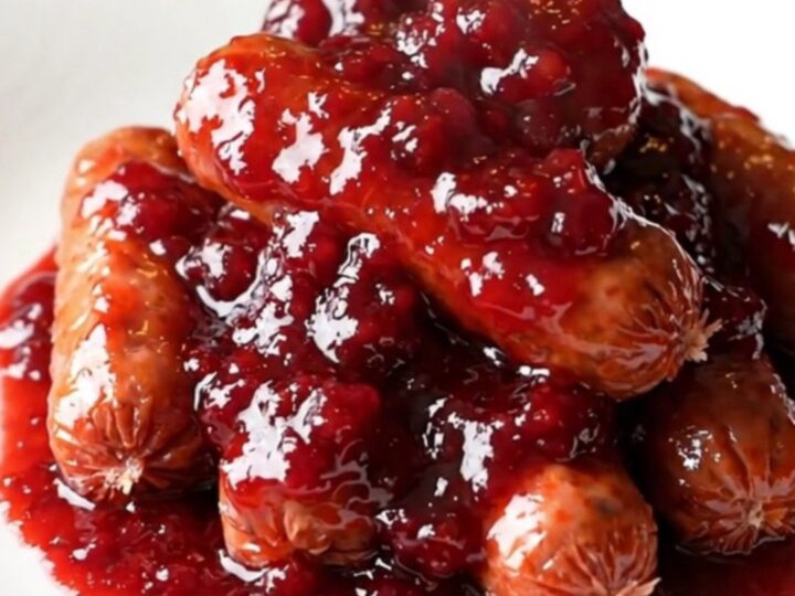 A close-up of slow cooker raspberry chipotle cocktail sausages in a ceramic insert, glistening with a dark red, thick sauce.