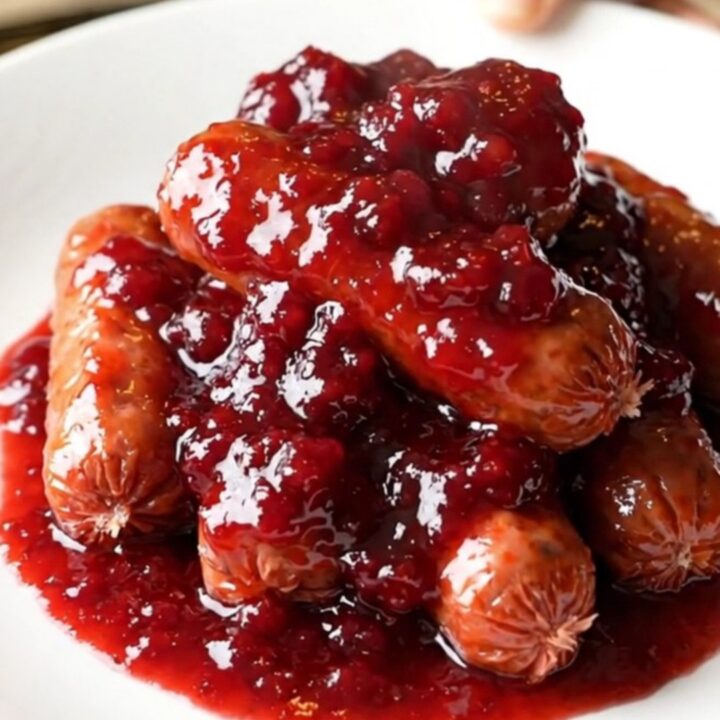 A close-up of slow cooker raspberry chipotle cocktail sausages in a ceramic insert, glistening with a dark red, thick sauce.
