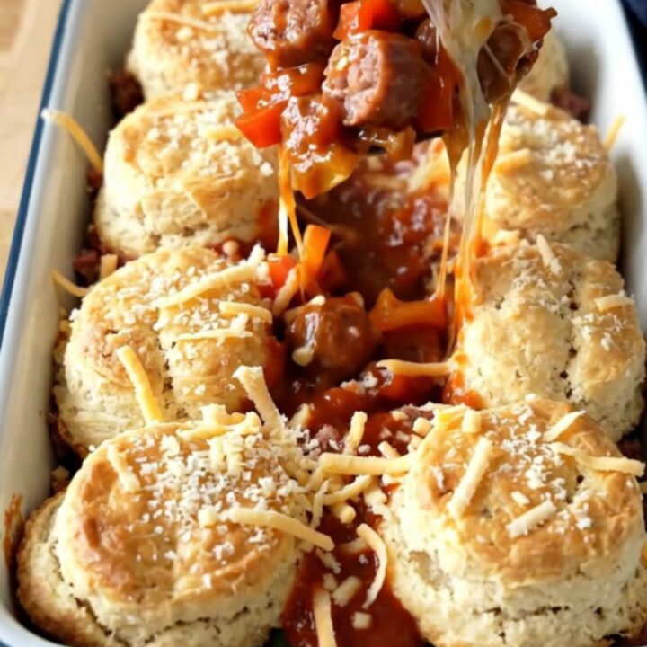 A golden, bubbling Italian sausage and pepper biscuit bake in a white rectangular baker on a butcher-block table.