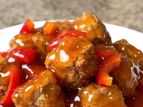 A close-up of tender turkey bites in a tangy red-orange sweet and sour sauce with pineapple and peppers.